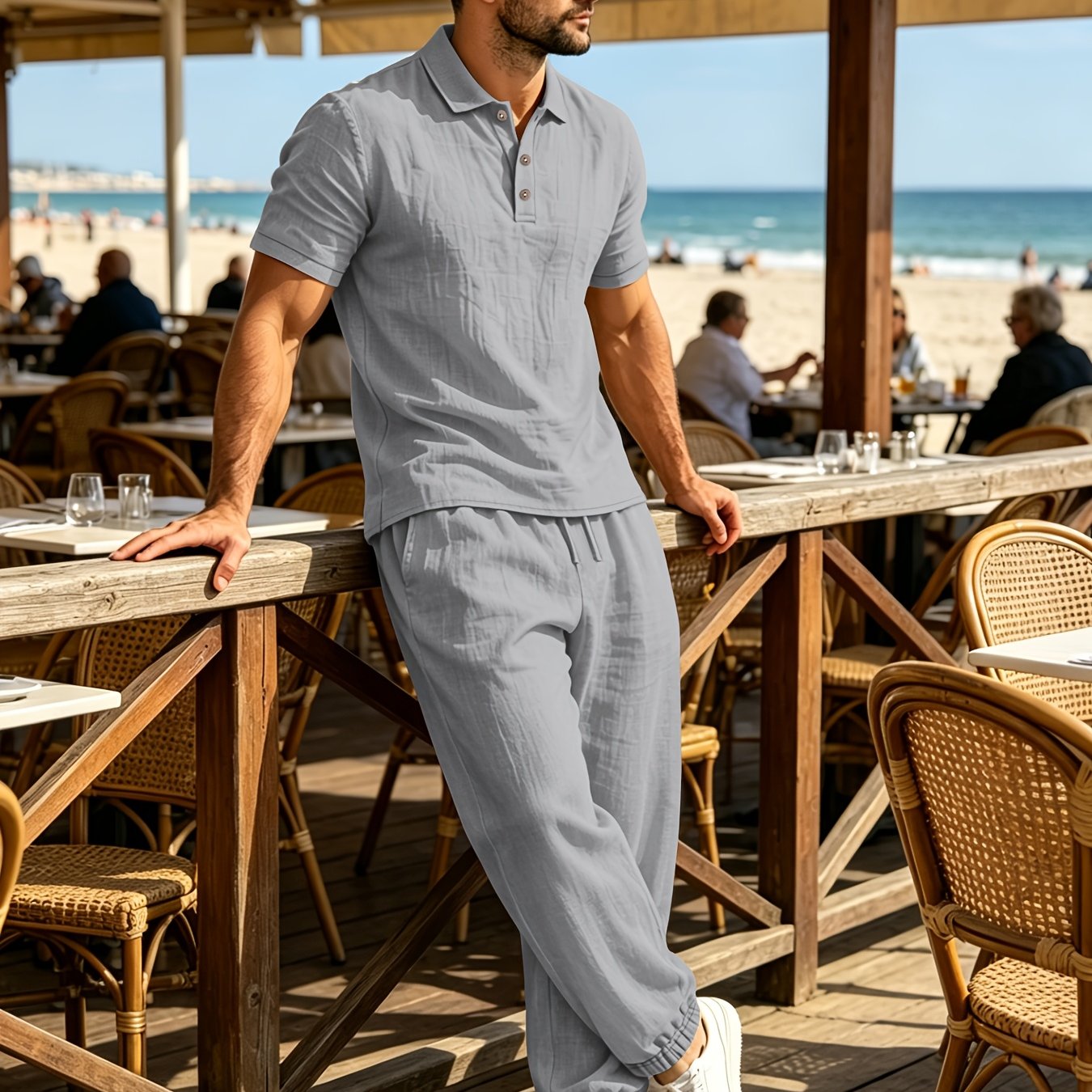 Summer Men'S Linen Shirt And Jogger Pants Set, Casual Open-Front Short Sleeve Shirt with Buttons, Breathable Woven Linen Fabric, Suitable for Daily Commute And Outdoor Activities, Beach Short Sleeve Shirt And Long Pants Set, Gift Idea