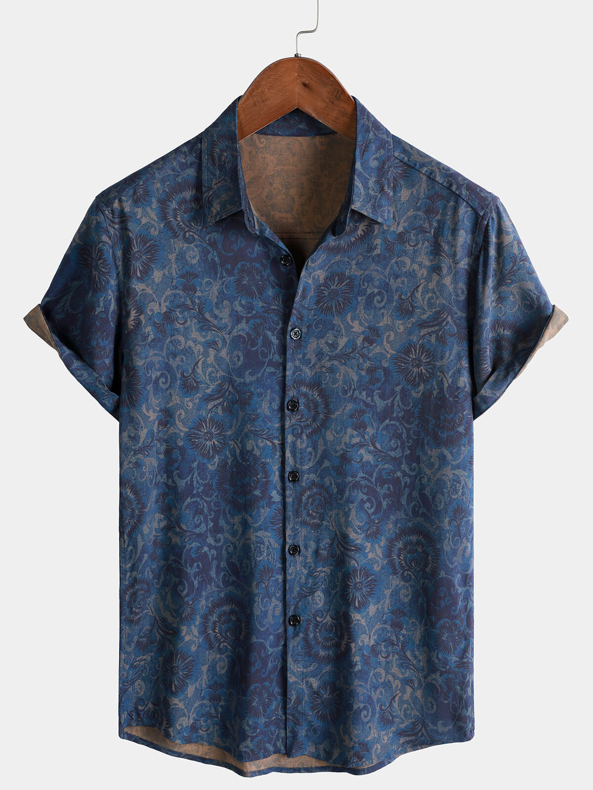 Chemise Homme Bleu Marine Florale Vintage Manches Courtes