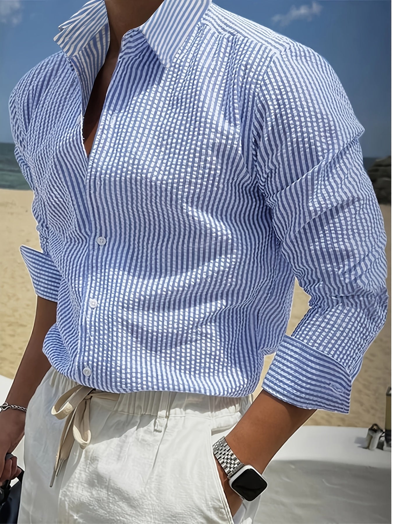 Spring/Summer Comfortable, Refreshing, and Breathable Textured Bubble Gauze Striped Long-Sleeve Lapel Shirt for Men and Women, Casual Light Business Style, Champagne Yellow Color Close to Earth Yellow or Beige