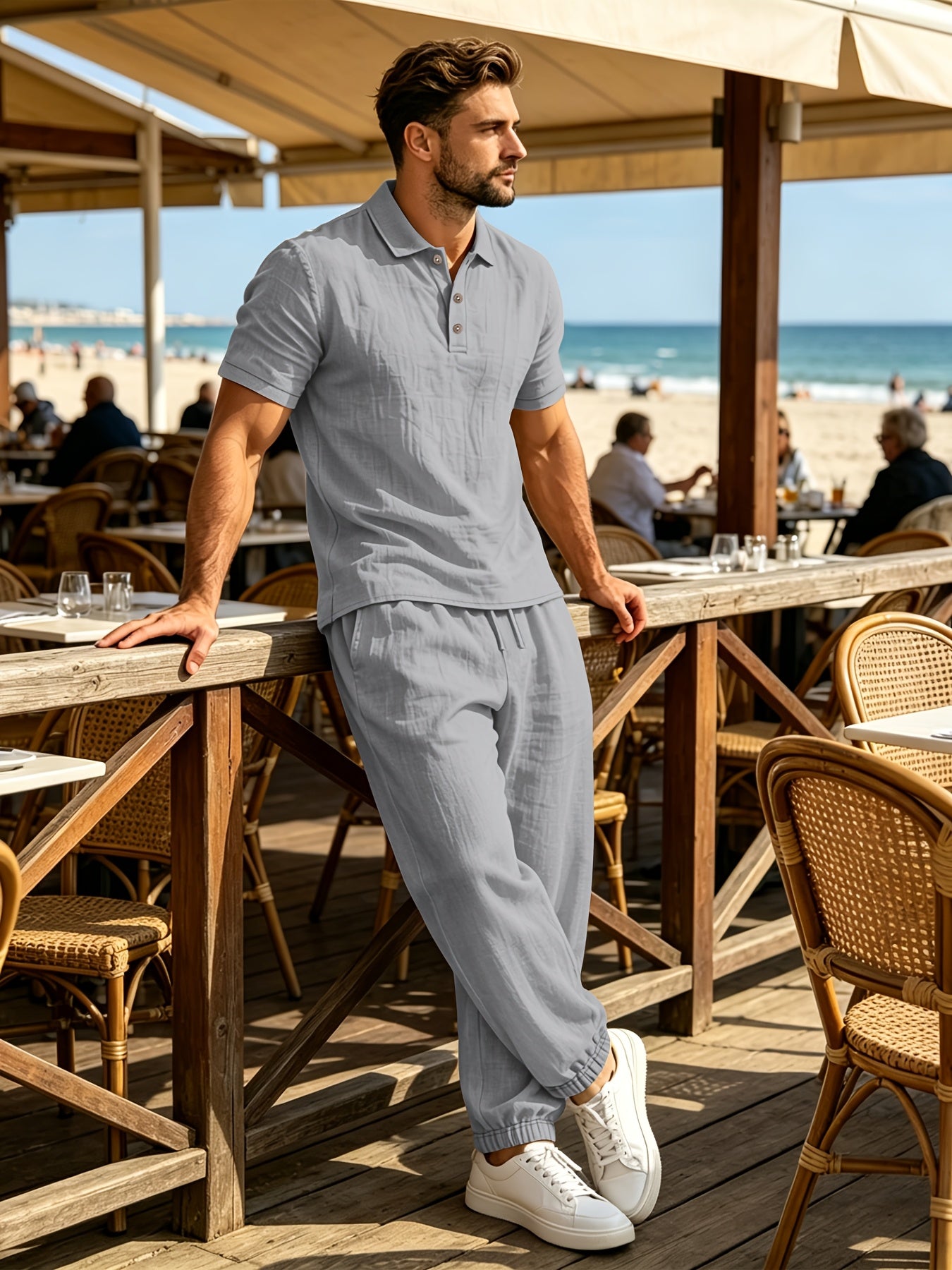 Summer Men'S Linen Shirt And Jogger Pants Set, Casual Open-Front Short Sleeve Shirt with Buttons, Breathable Woven Linen Fabric, Suitable for Daily Commute And Outdoor Activities, Beach Short Sleeve Shirt And Long Pants Set, Gift Idea