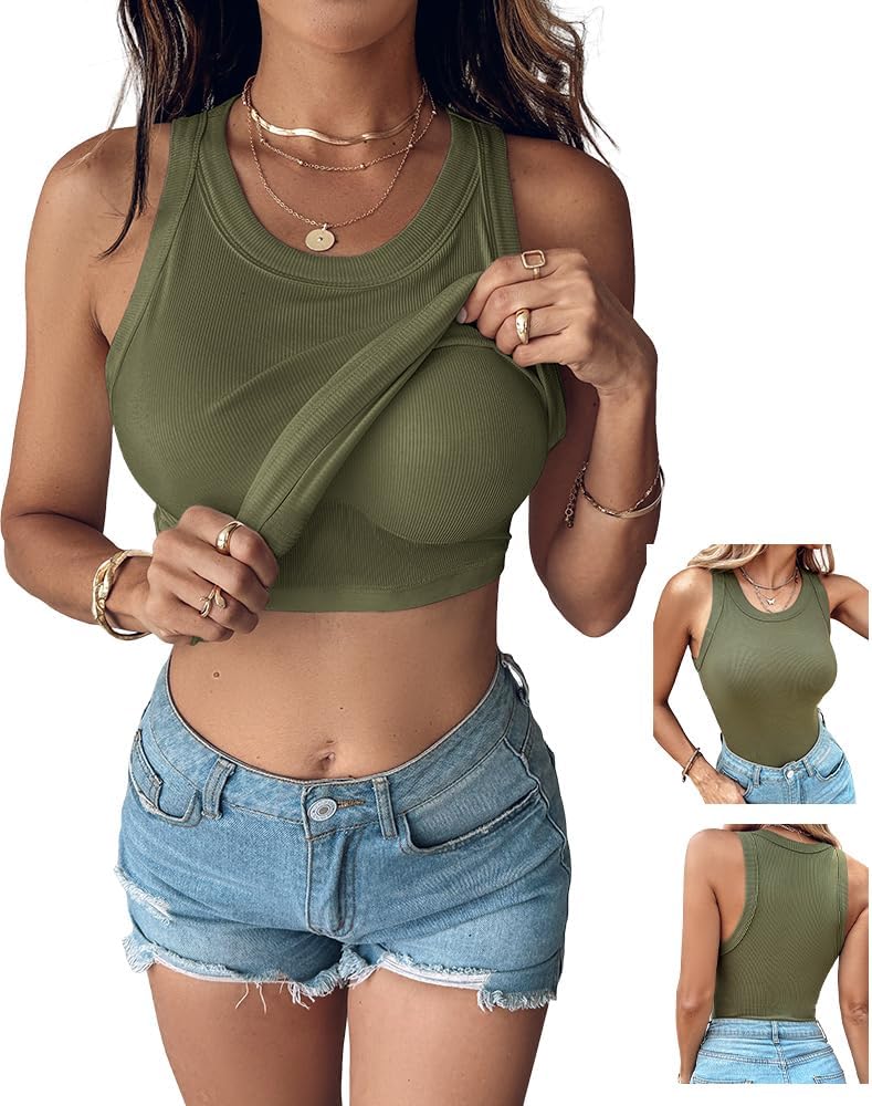 CHICME Women Built-in Bra Tank Tops Sleeveless Casual Shirts Racerback Ribbed Fitted Tank Tops