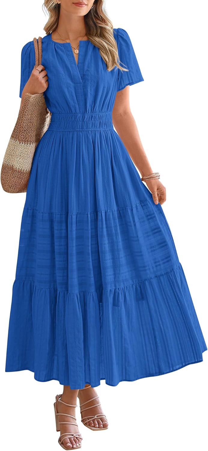 BTFBM Womens Summer 2025 Casual Midi Maxi Dresses Lightweight Short Sleeve V Neck Elastic Waist Boho Beach Dress Pockets