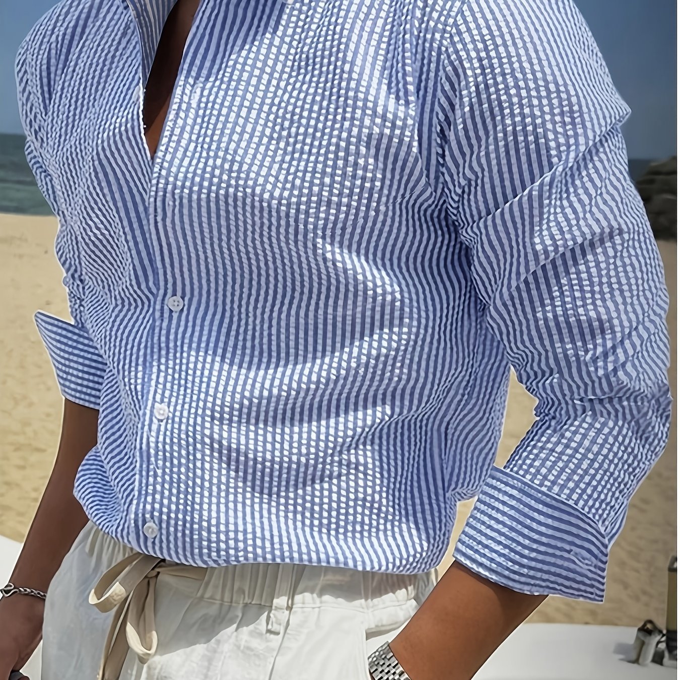 Spring/Summer Comfortable, Refreshing, and Breathable Textured Bubble Gauze Striped Long-Sleeve Lapel Shirt for Men and Women, Casual Light Business Style, Champagne Yellow Color Close to Earth Yellow or Beige
