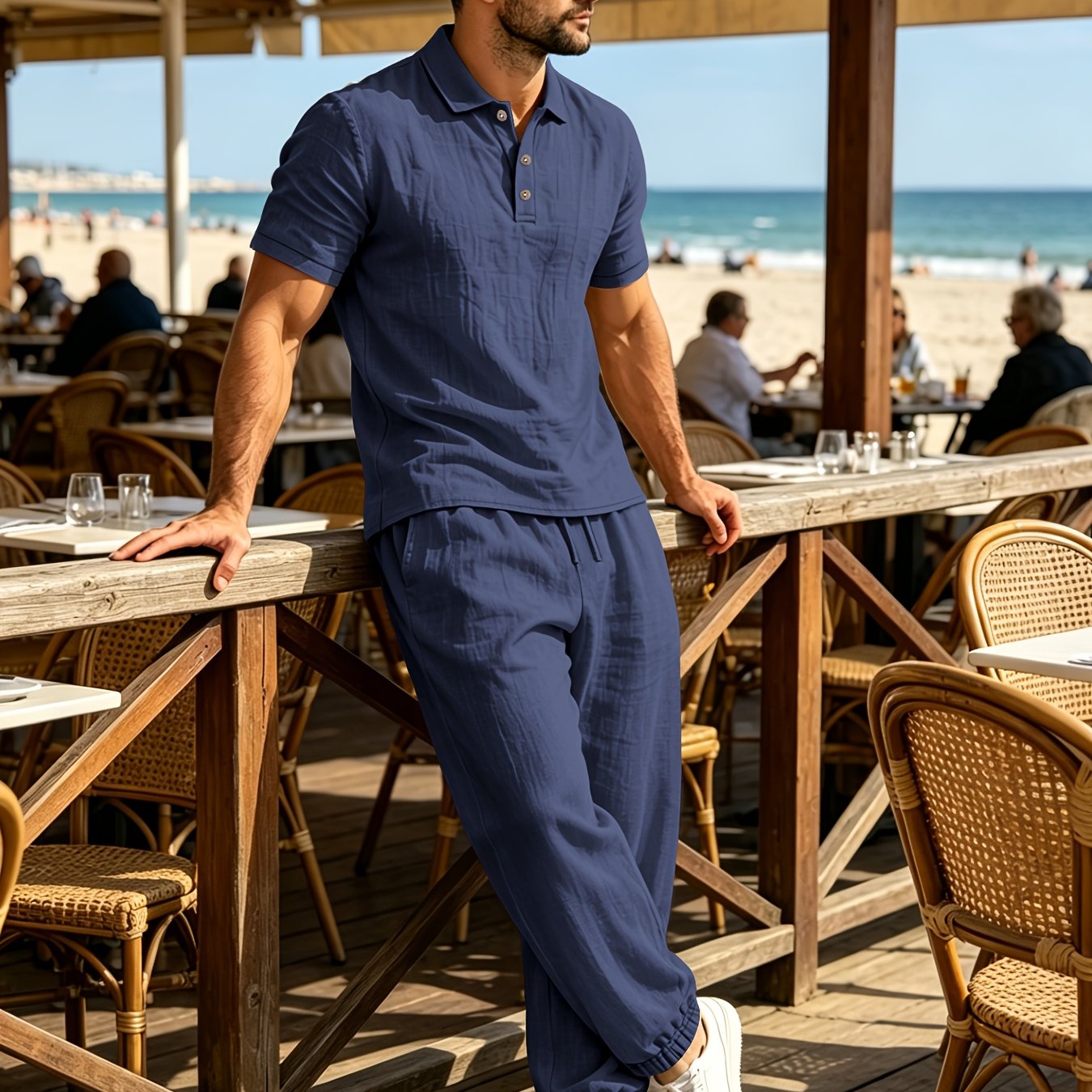 Summer Men'S Linen Shirt And Jogger Pants Set, Casual Open-Front Short Sleeve Shirt with Buttons, Breathable Woven Linen Fabric, Suitable for Daily Commute And Outdoor Activities, Beach Short Sleeve Shirt And Long Pants Set, Gift Idea