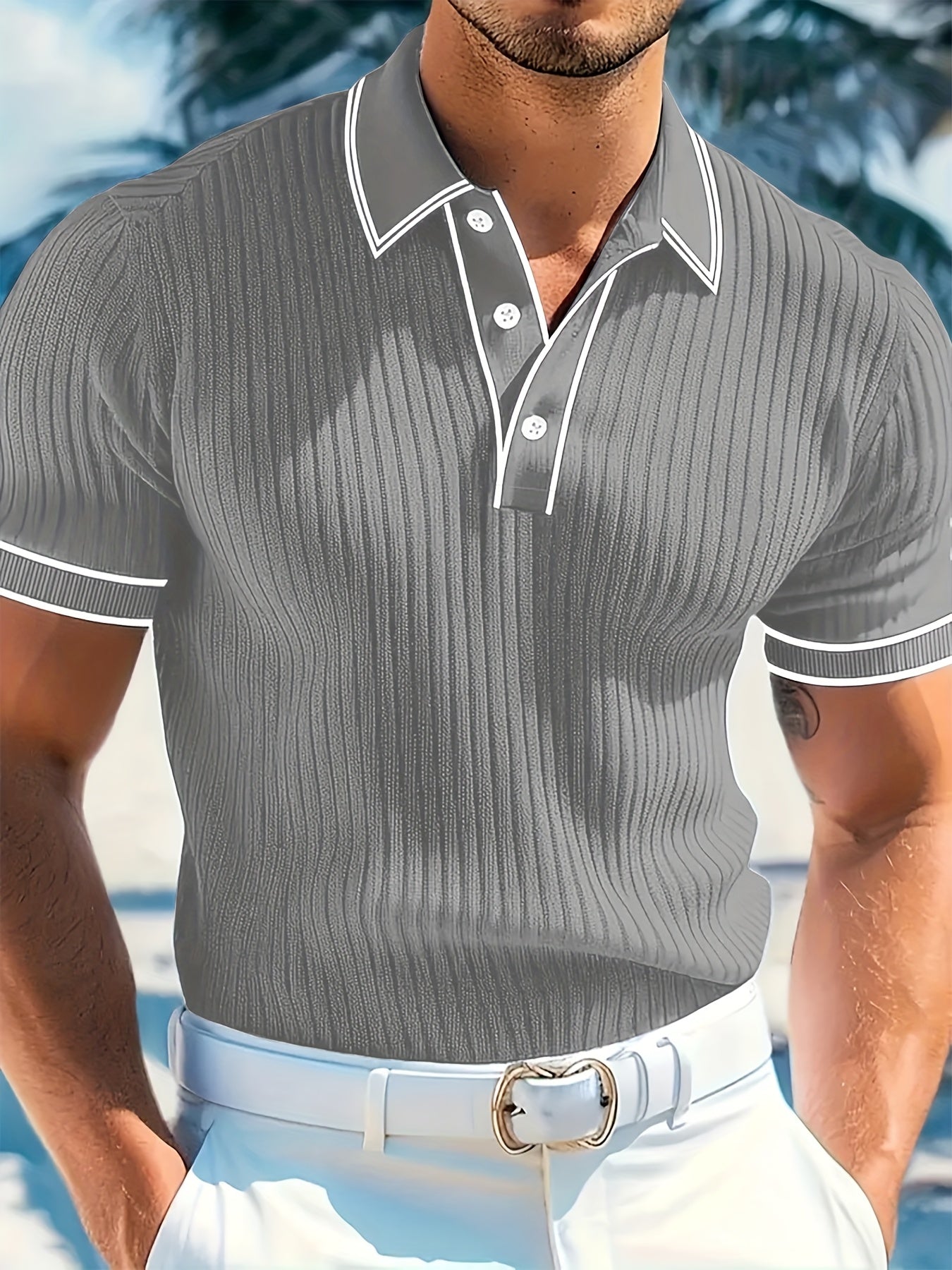 Western Men'S Top, Summer Casual Contrast Collar Button Short Sleeve Men'S Polo Shirt