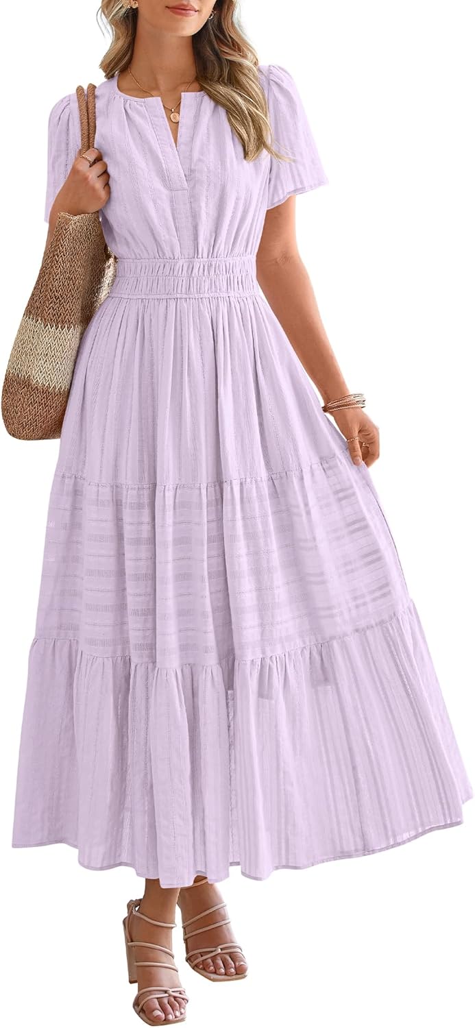 BTFBM Womens Summer 2025 Casual Midi Maxi Dresses Lightweight Short Sleeve V Neck Elastic Waist Boho Beach Dress Pockets