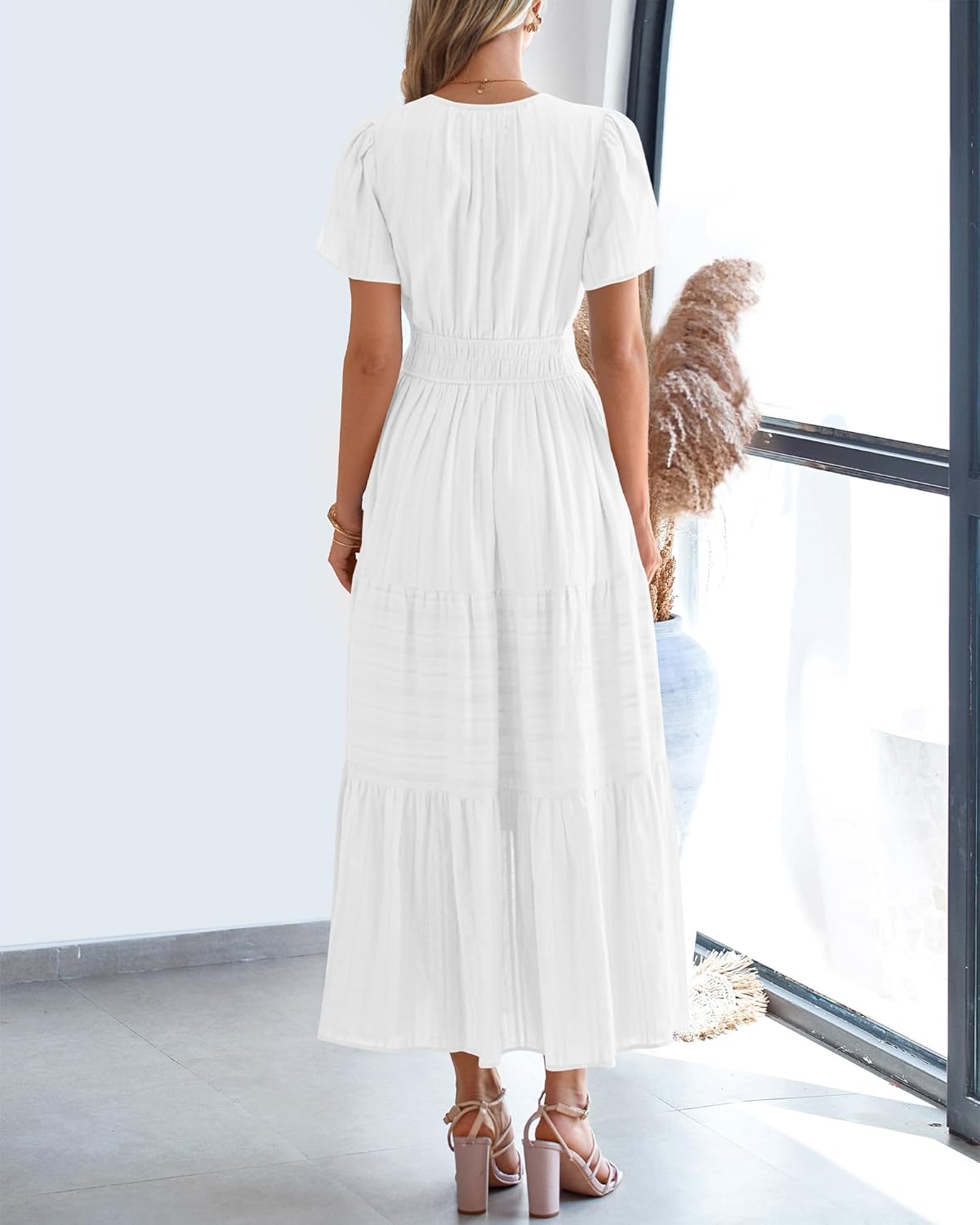 BTFBM Womens Summer 2025 Casual Midi Maxi Dresses Lightweight Short Sleeve V Neck Elastic Waist Boho Beach Dress Pockets