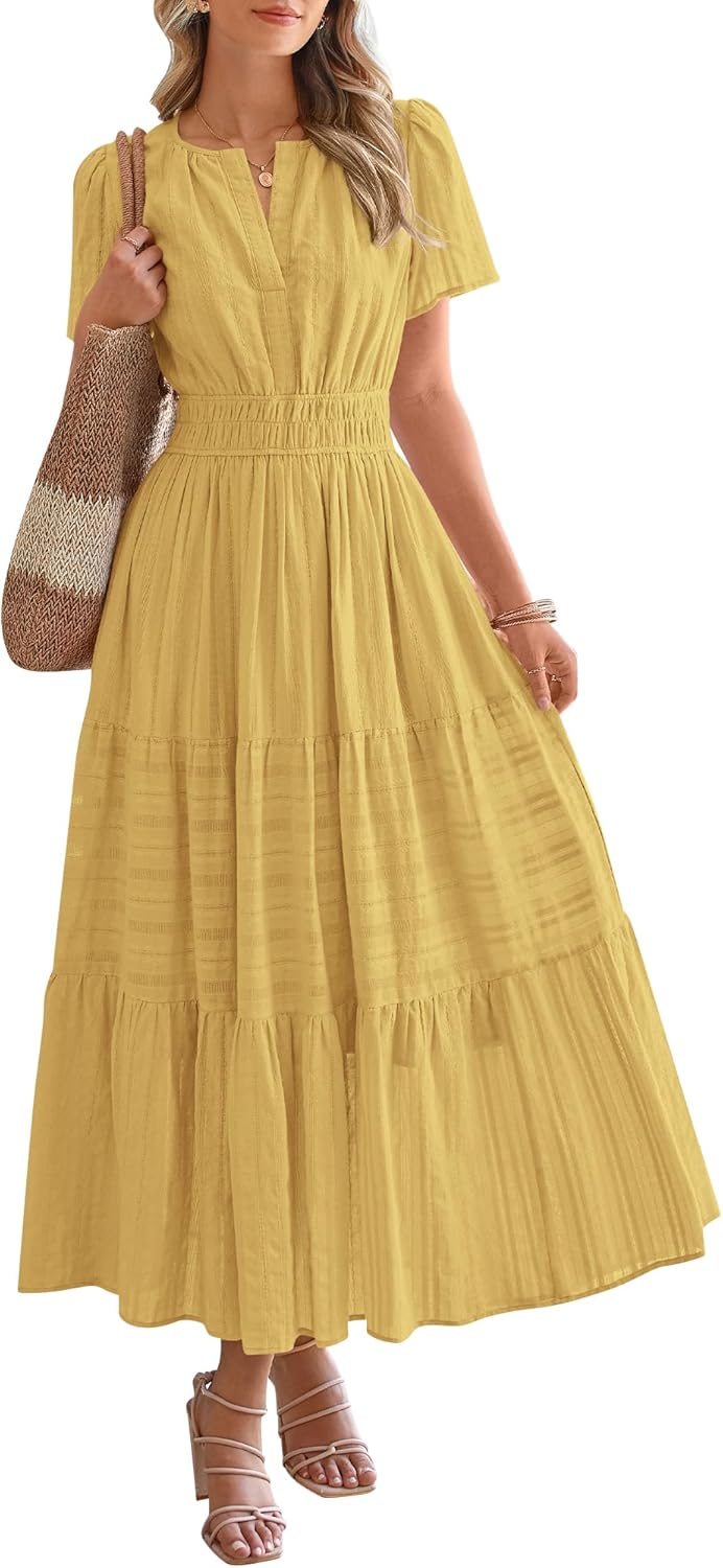 BTFBM Womens Summer 2025 Casual Midi Maxi Dresses Lightweight Short Sleeve V Neck Elastic Waist Boho Beach Dress Pockets