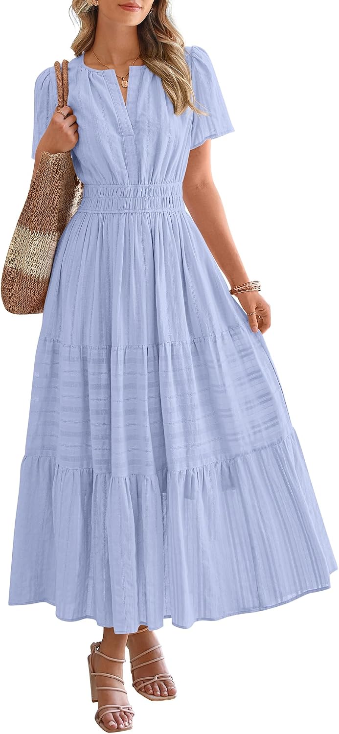 BTFBM Womens Summer 2025 Casual Midi Maxi Dresses Lightweight Short Sleeve V Neck Elastic Waist Boho Beach Dress Pockets