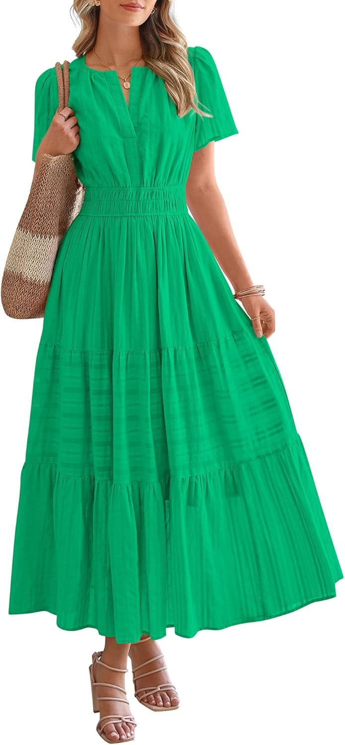 BTFBM Womens Summer 2025 Casual Midi Maxi Dresses Lightweight Short Sleeve V Neck Elastic Waist Boho Beach Dress Pockets