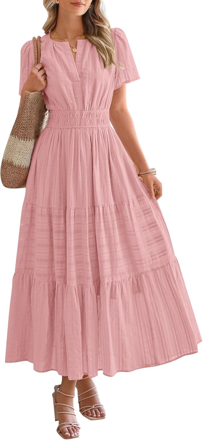 BTFBM Womens Summer 2025 Casual Midi Maxi Dresses Lightweight Short Sleeve V Neck Elastic Waist Boho Beach Dress Pockets