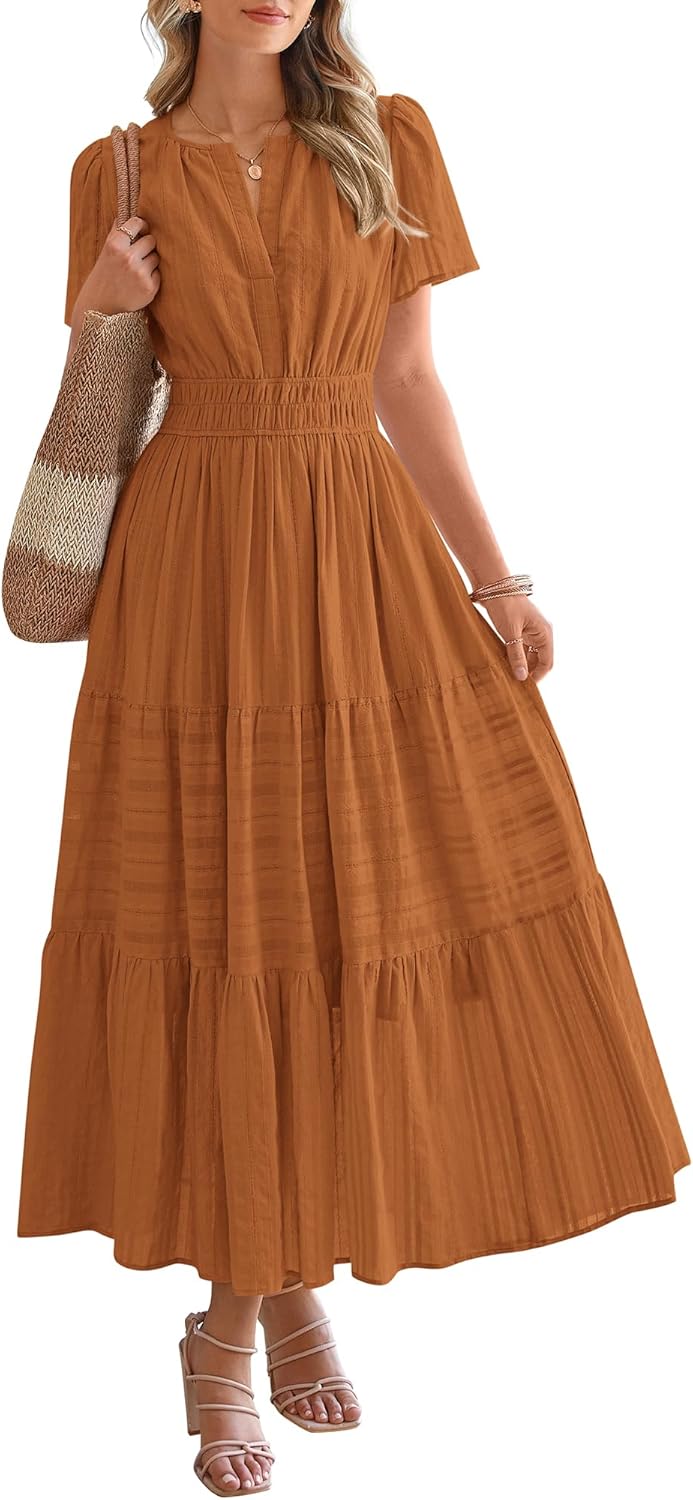 BTFBM Womens Summer 2025 Casual Midi Maxi Dresses Lightweight Short Sleeve V Neck Elastic Waist Boho Beach Dress Pockets