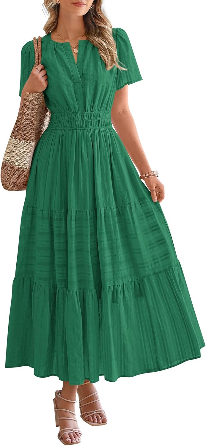 BTFBM Womens Summer 2025 Casual Midi Maxi Dresses Lightweight Short Sleeve V Neck Elastic Waist Boho Beach Dress Pockets