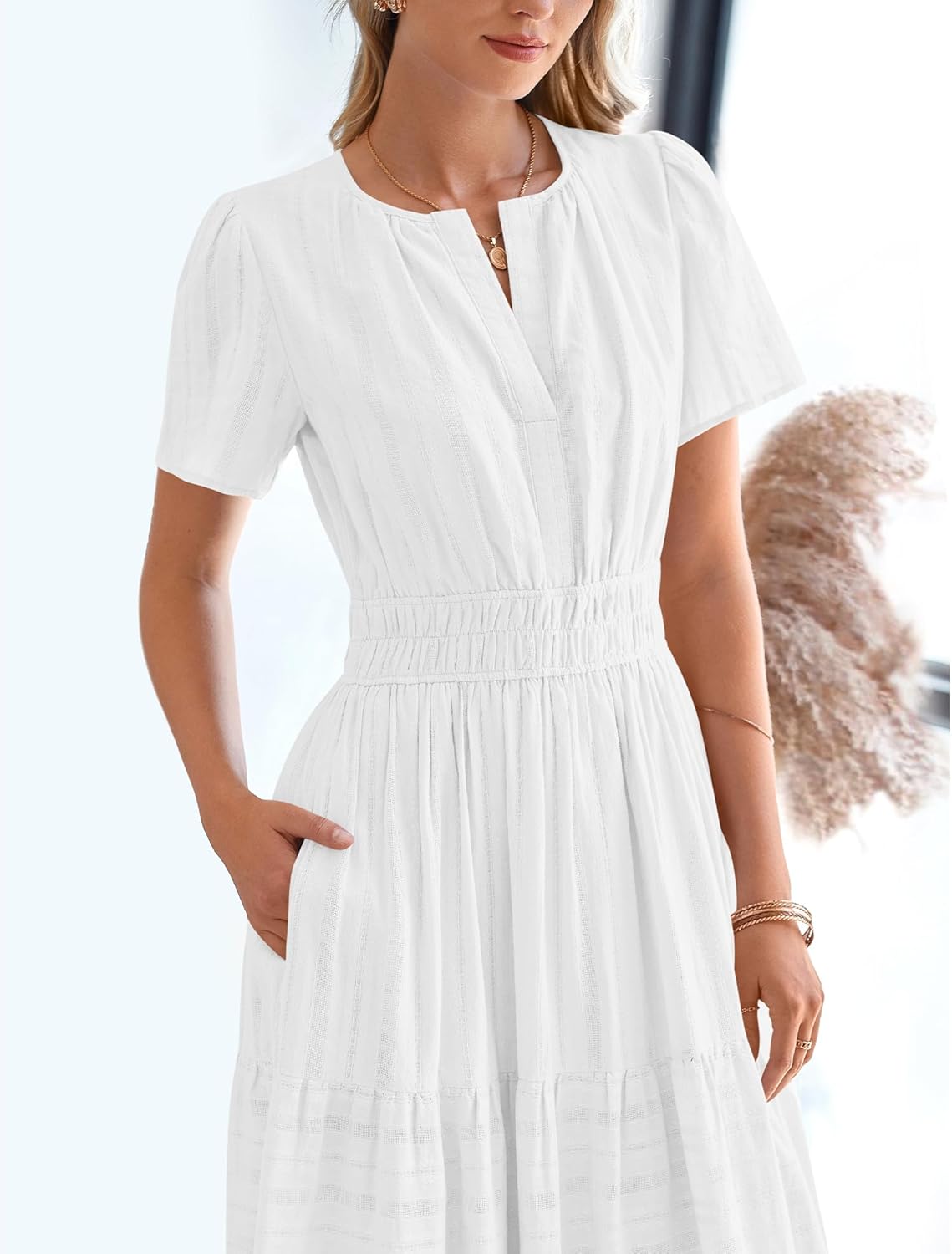 BTFBM Womens Summer 2025 Casual Midi Maxi Dresses Lightweight Short Sleeve V Neck Elastic Waist Boho Beach Dress Pockets
