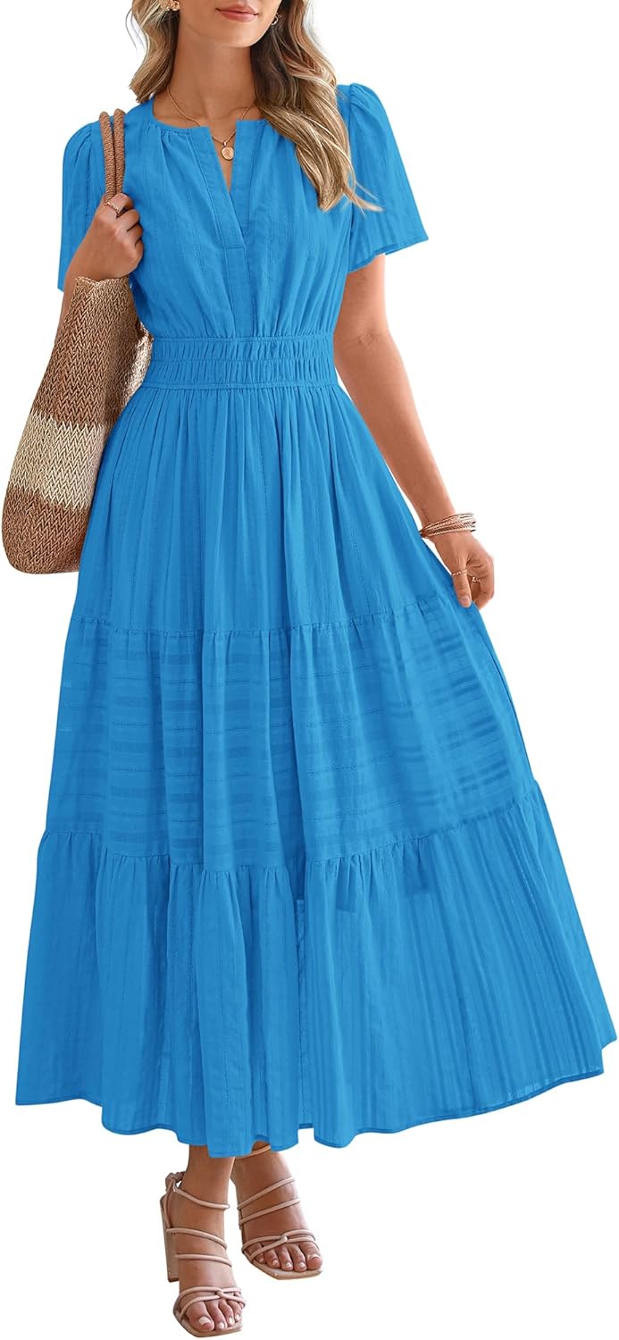 BTFBM Womens Summer 2025 Casual Midi Maxi Dresses Lightweight Short Sleeve V Neck Elastic Waist Boho Beach Dress Pockets