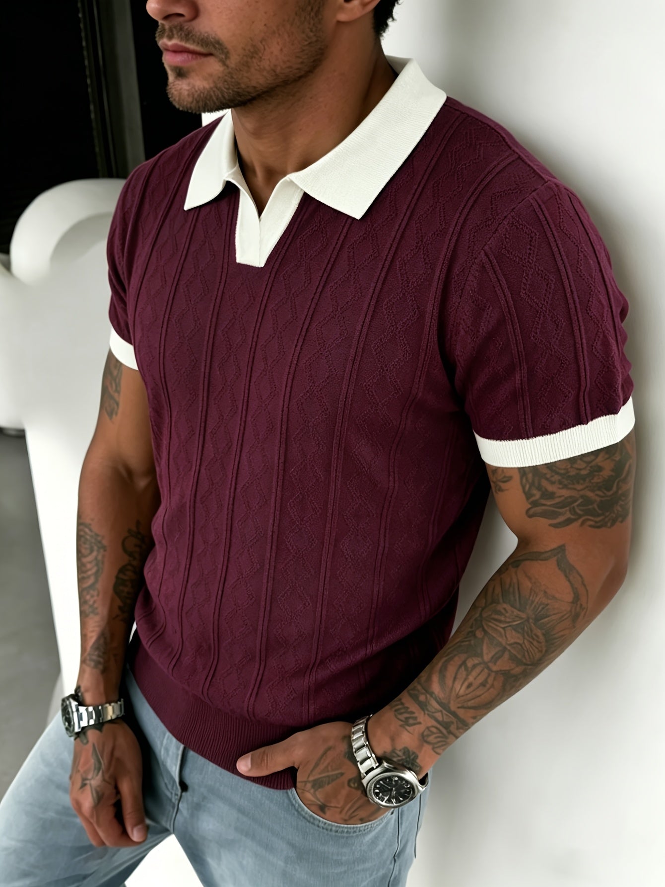 Men'S Jacquard Knit Short Sleeve, Summer Contrast Collar T-Shirt, Suitable for Office Commute, Golf