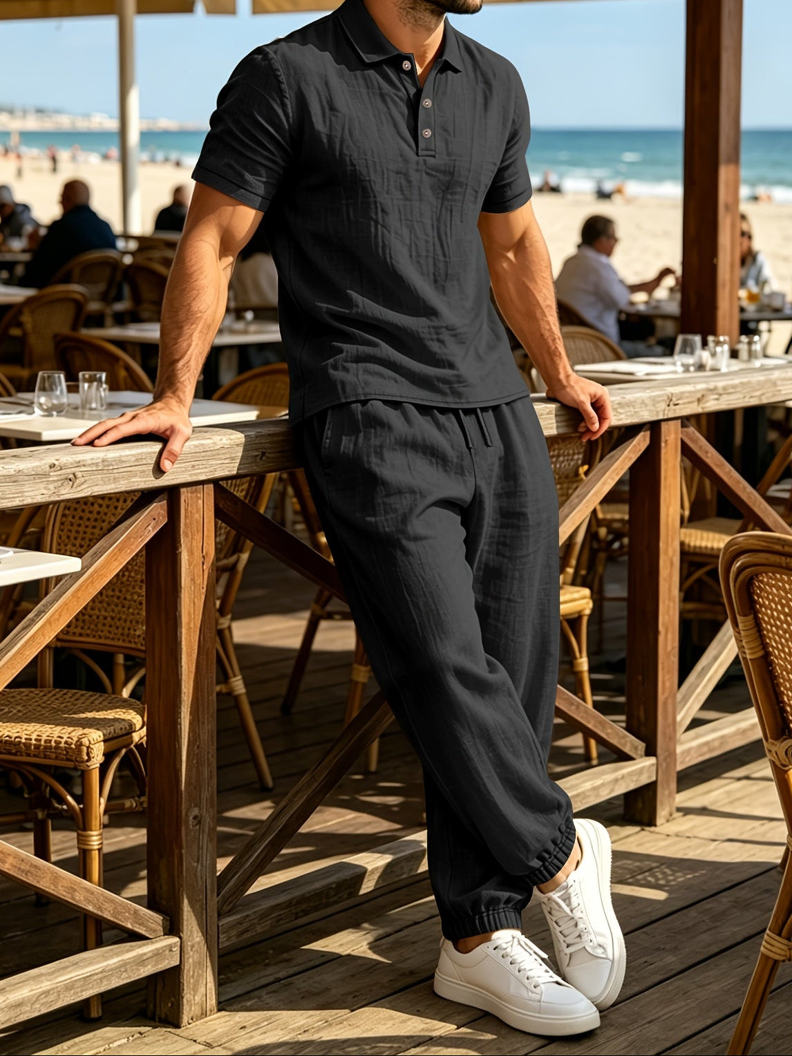 Summer Men'S Linen Shirt And Jogger Pants Set, Casual Open-Front Short Sleeve Shirt with Buttons, Breathable Woven Linen Fabric, Suitable for Daily Commute And Outdoor Activities, Beach Short Sleeve Shirt And Long Pants Set, Gift Idea