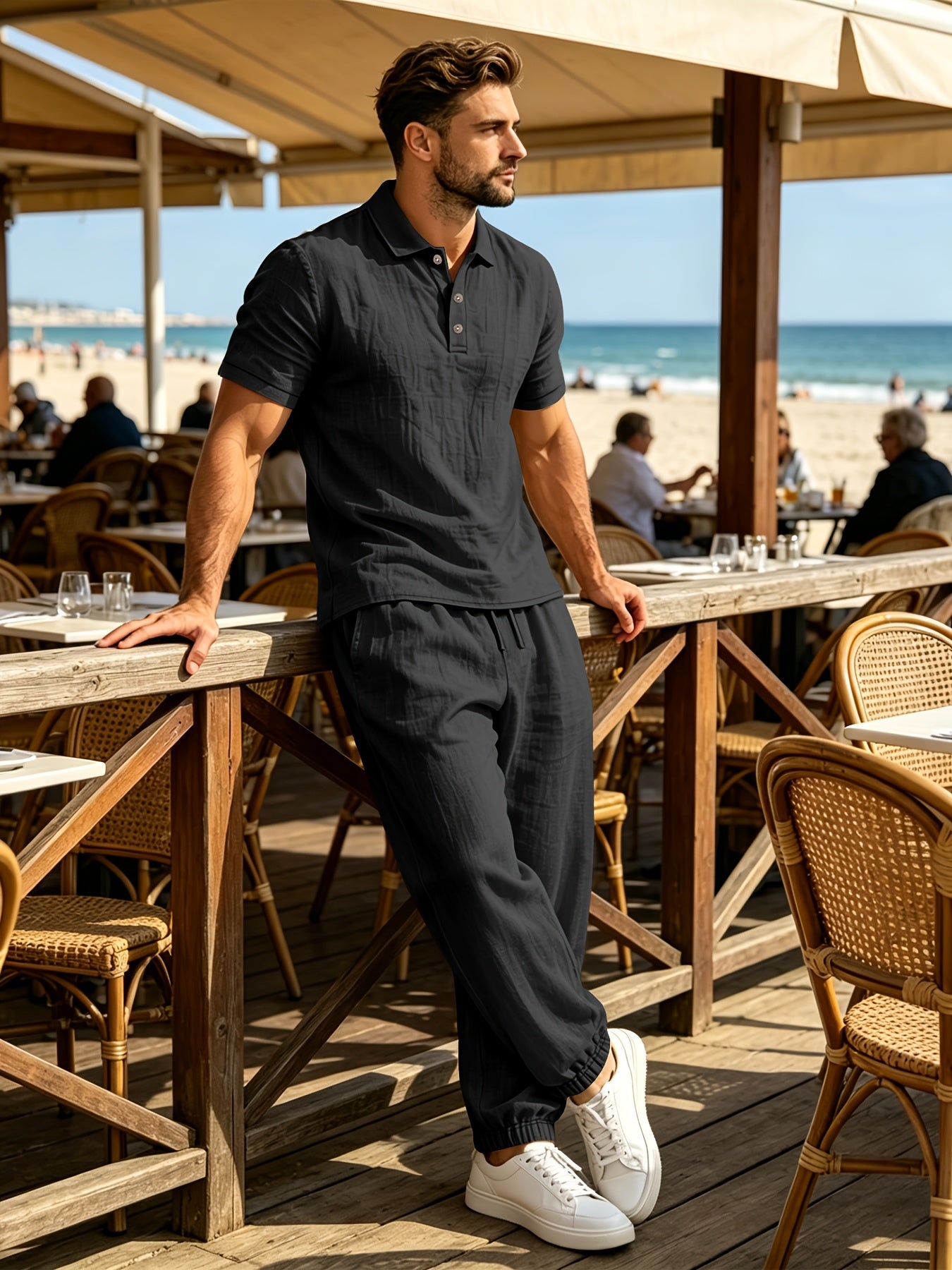 Summer Men'S Linen Shirt And Jogger Pants Set, Casual Open-Front Short Sleeve Shirt with Buttons, Breathable Woven Linen Fabric, Suitable for Daily Commute And Outdoor Activities, Beach Short Sleeve Shirt And Long Pants Set, Gift Idea