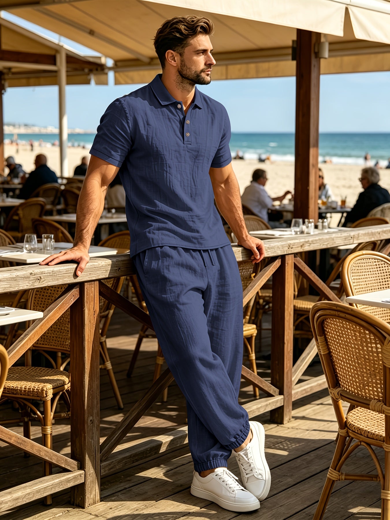 Summer Men'S Linen Shirt And Jogger Pants Set, Casual Open-Front Short Sleeve Shirt with Buttons, Breathable Woven Linen Fabric, Suitable for Daily Commute And Outdoor Activities, Beach Short Sleeve Shirt And Long Pants Set, Gift Idea