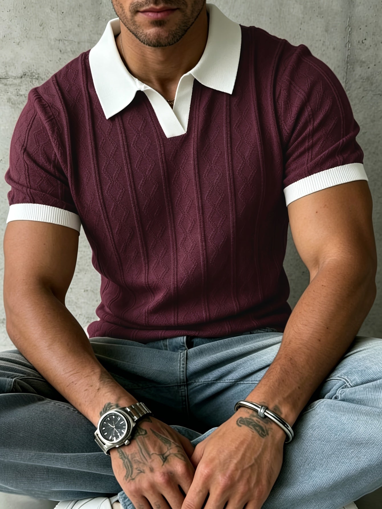 Men'S Jacquard Knit Short Sleeve, Summer Contrast Collar T-Shirt, Suitable for Office Commute, Golf